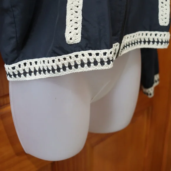 Free People Navy Blue Crochet Trim Zip Front Cropped Bomber Jacket Medium - Picture 10 of 16